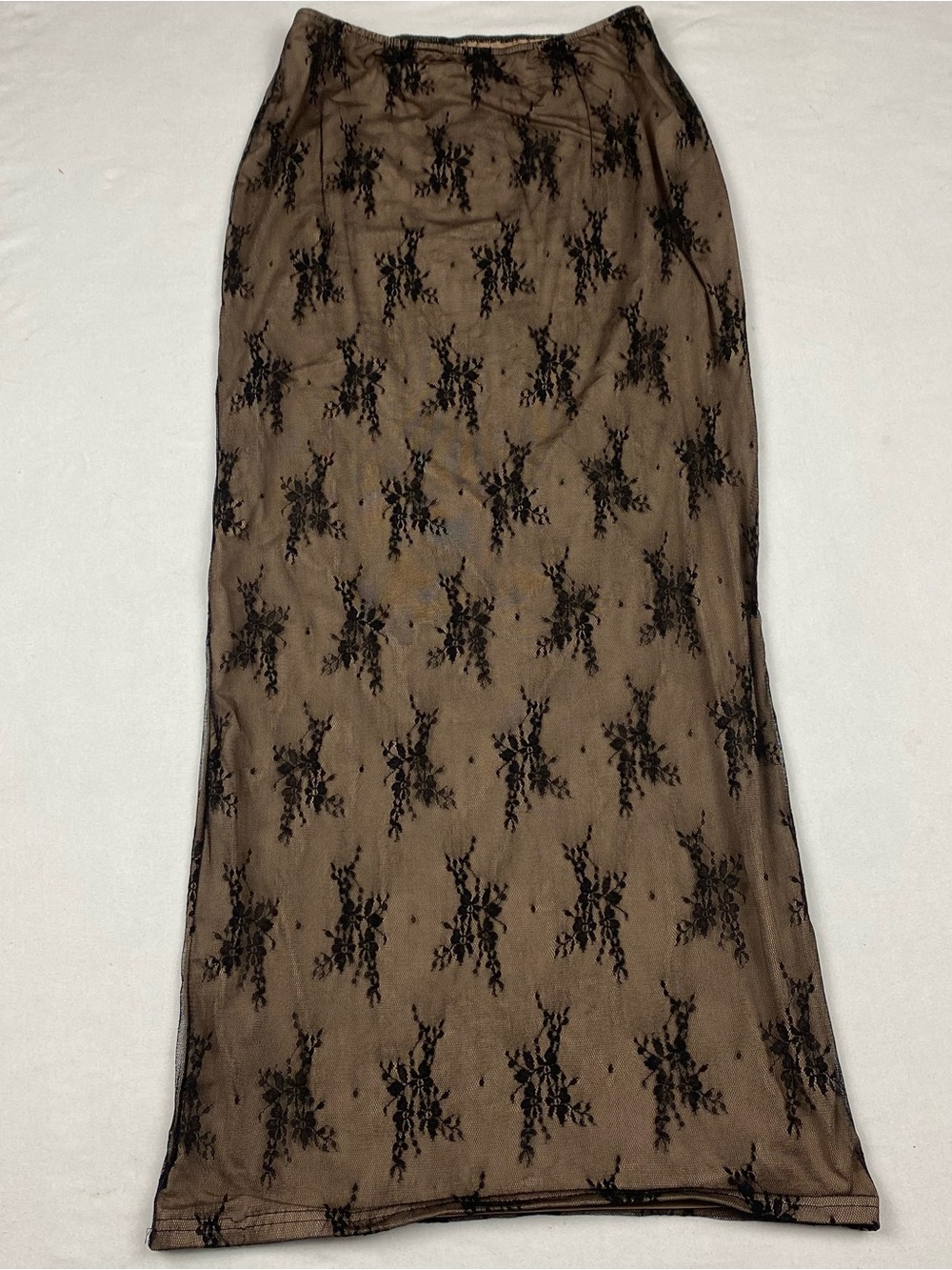 Sheer Black Lace Overlay Maxi Skirt - Brown Base